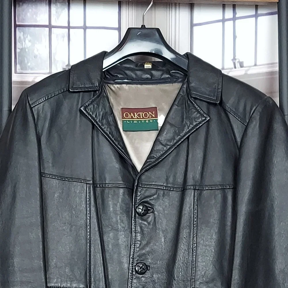 MEN'S GENUINE LEATHER BUTTON FRONT COAT BY OAKTON (M) - Picture 3 of 15